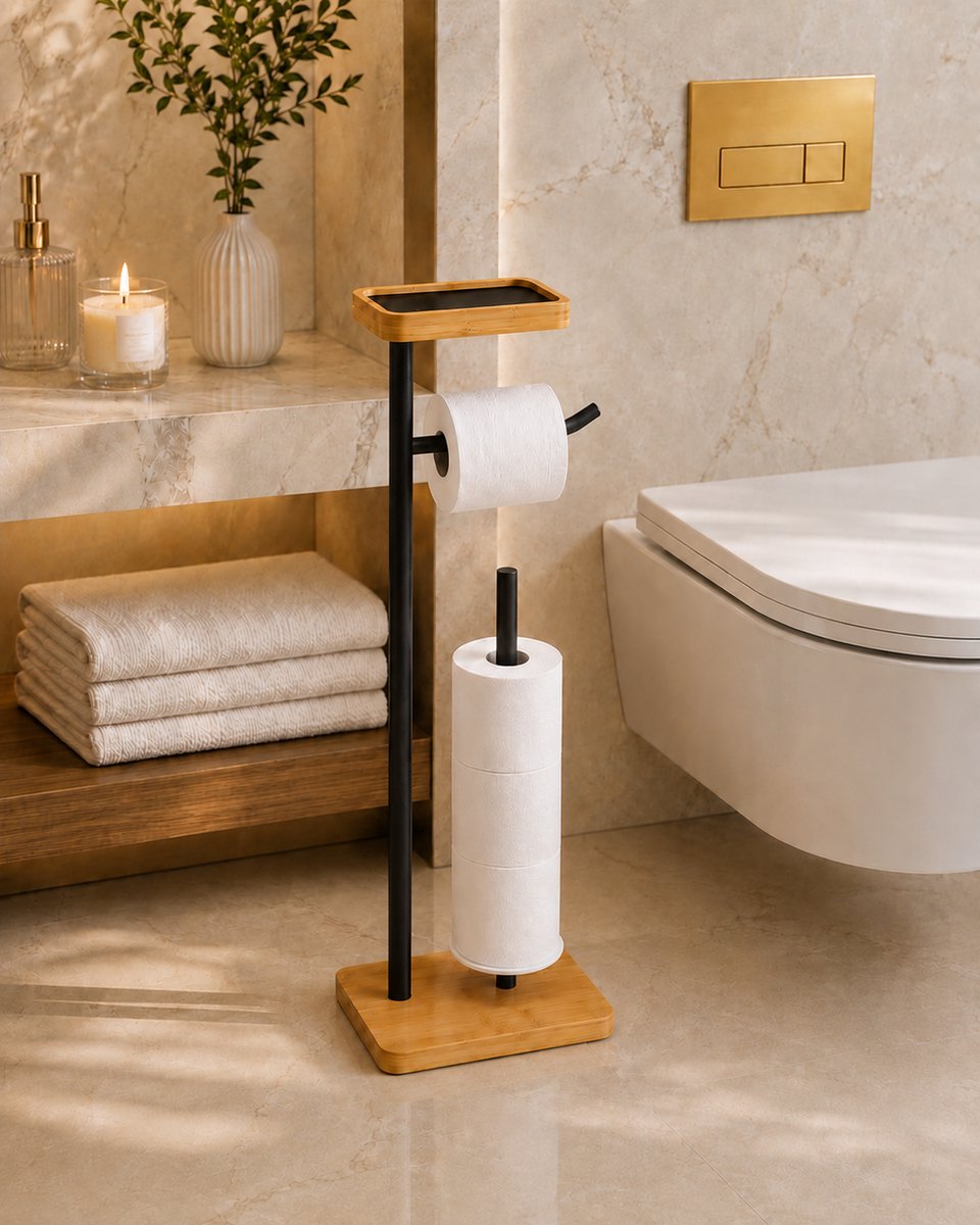Filano Toiletrolhouder Staand – Met Reserverolhouder & Opbergplateau – Metaal & Bamboe – Zwart
