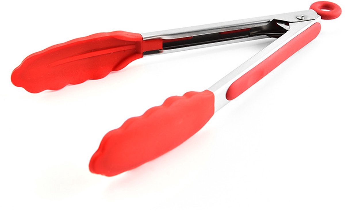 Okado Rode Siliconen BBQ Tang 21 cm – Keukentang met RVS 304 Handvat, Vergrendeling en Ophangoog – Serveertang voor Barbecue, Koken en Antiaanbaklaag