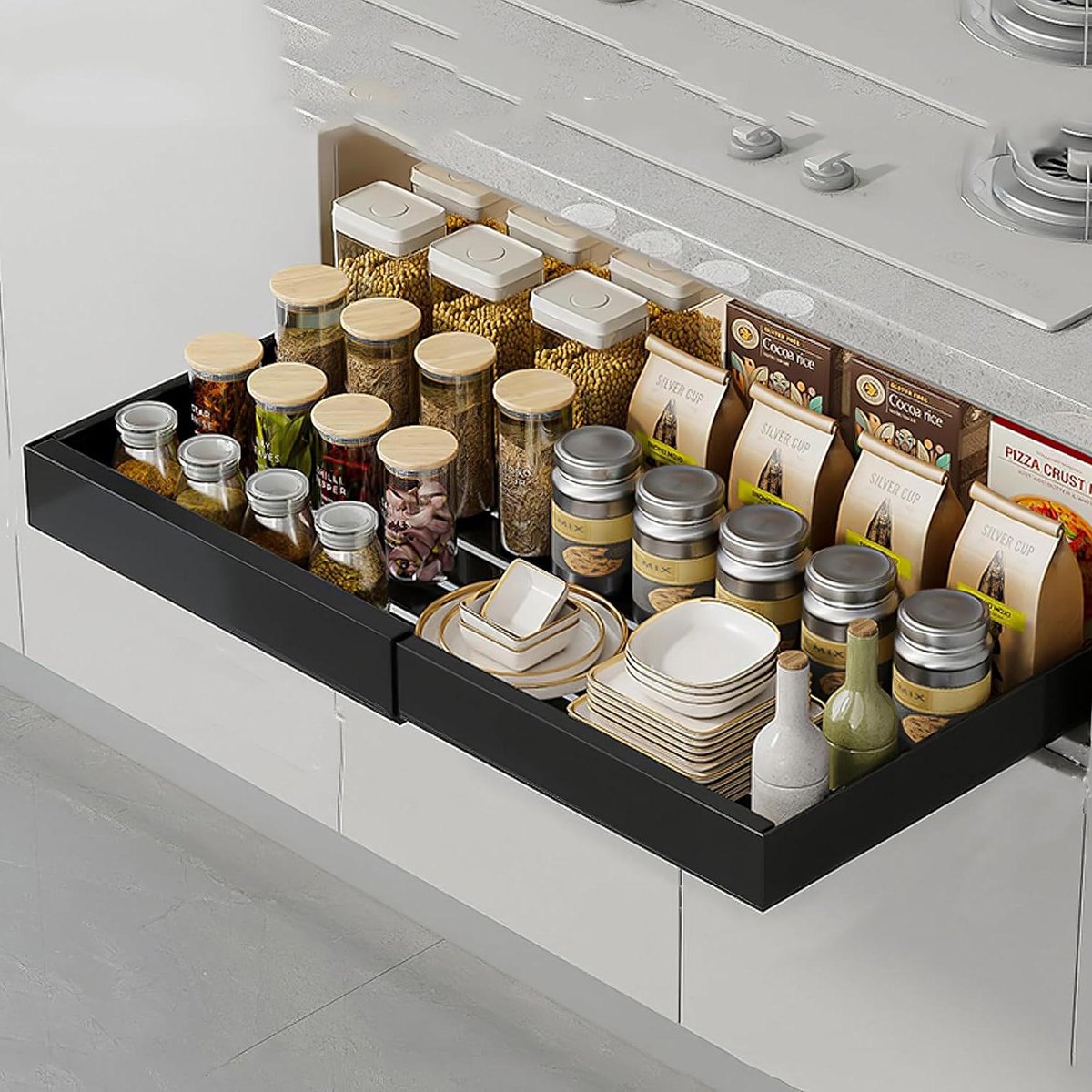 Kastlade Organizer - Uittrekbare Mand - Keuken Opbergen - Uitbreidbaar Ontwerp - 46-68cm - Zwart