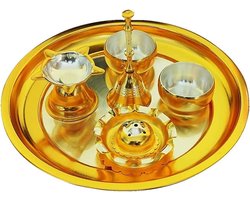 Pooja Thali Set - Religieus Dienblad - Spirituele Ceremonie - Vergulde Afwerking - 18.5 CM - Goud Zilver
