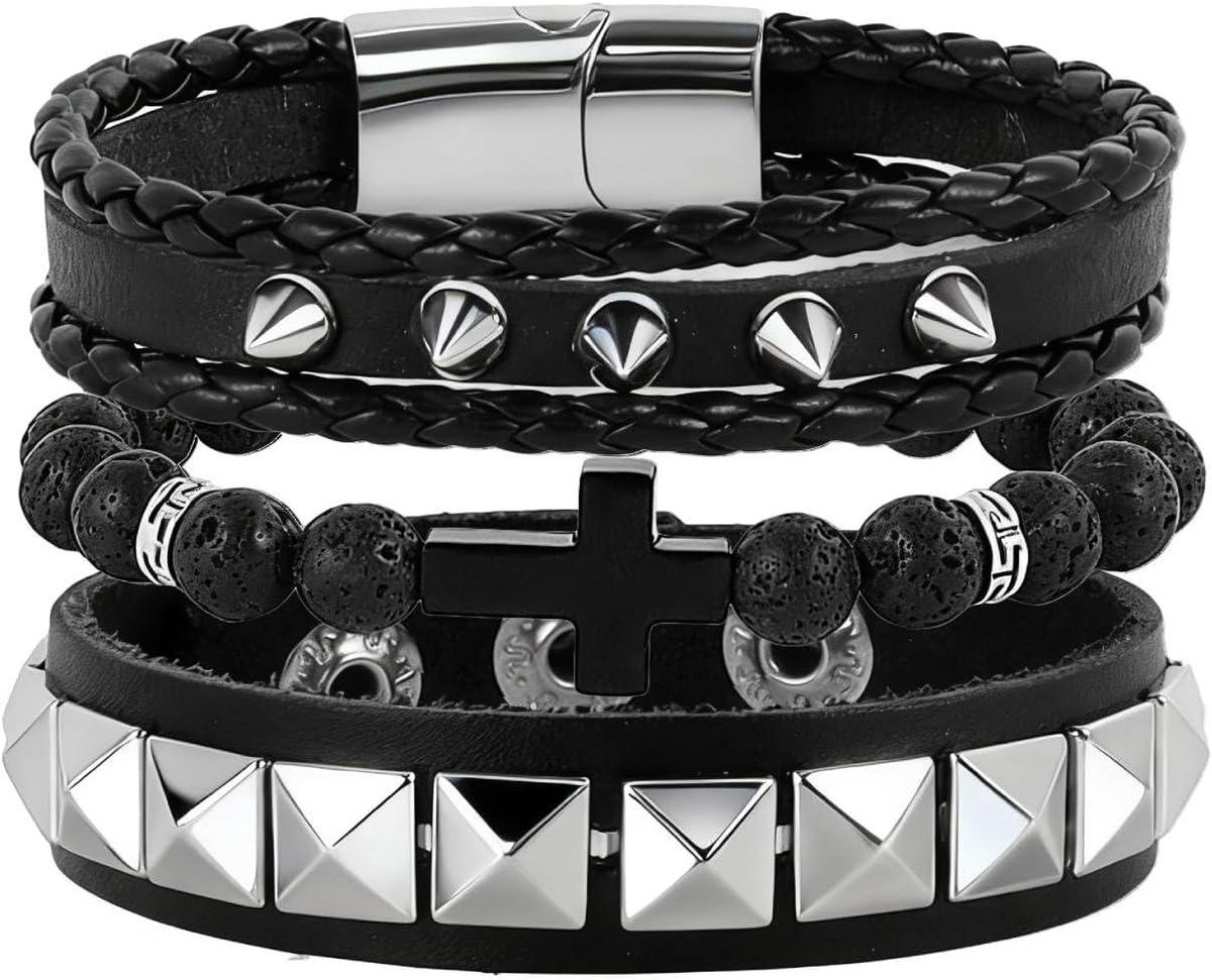 Heren Armbanden Set - Leren Bandjes - Dagelijks Gebruik - Handgemaakt Ontwerp - 23 x 6 x 1 cm - Zwart