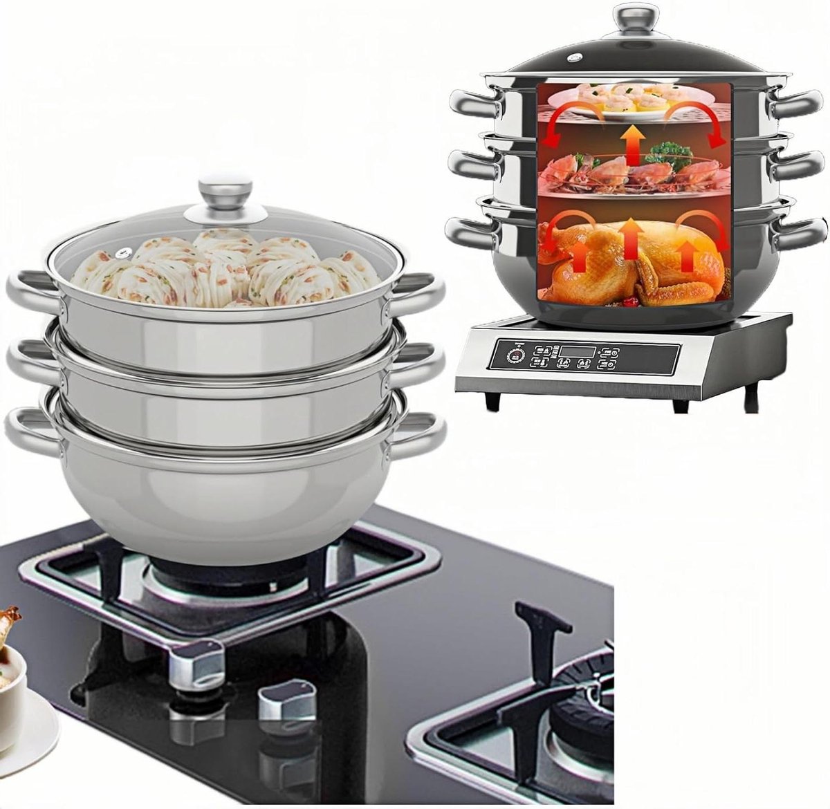 Stoompan Set - Drie Lagen - Gezond Koken - Snelle Warmteverdeling - 28 cm - Zilver