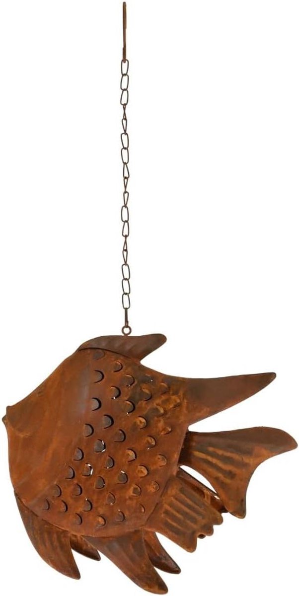Kandelaar Vis - Decoratieve Lantaarn - Tuindecoratie Ophangen - Roestig Metaal Effect - 24 x 29 cm - Bruin