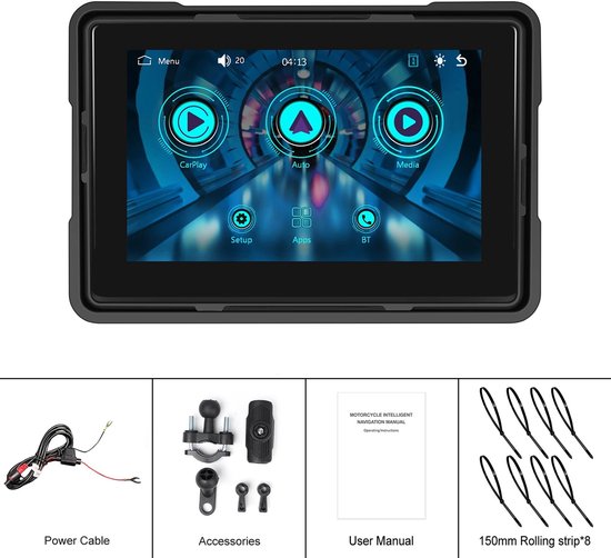 Navigatiesysteem met CarPlay, Auto, Media, Setup, Apps en BT icconen. Meegeleverde accessoires: stroomkabel, bevestigingsmateriaal, gebruikershandleiding, rolbanden.