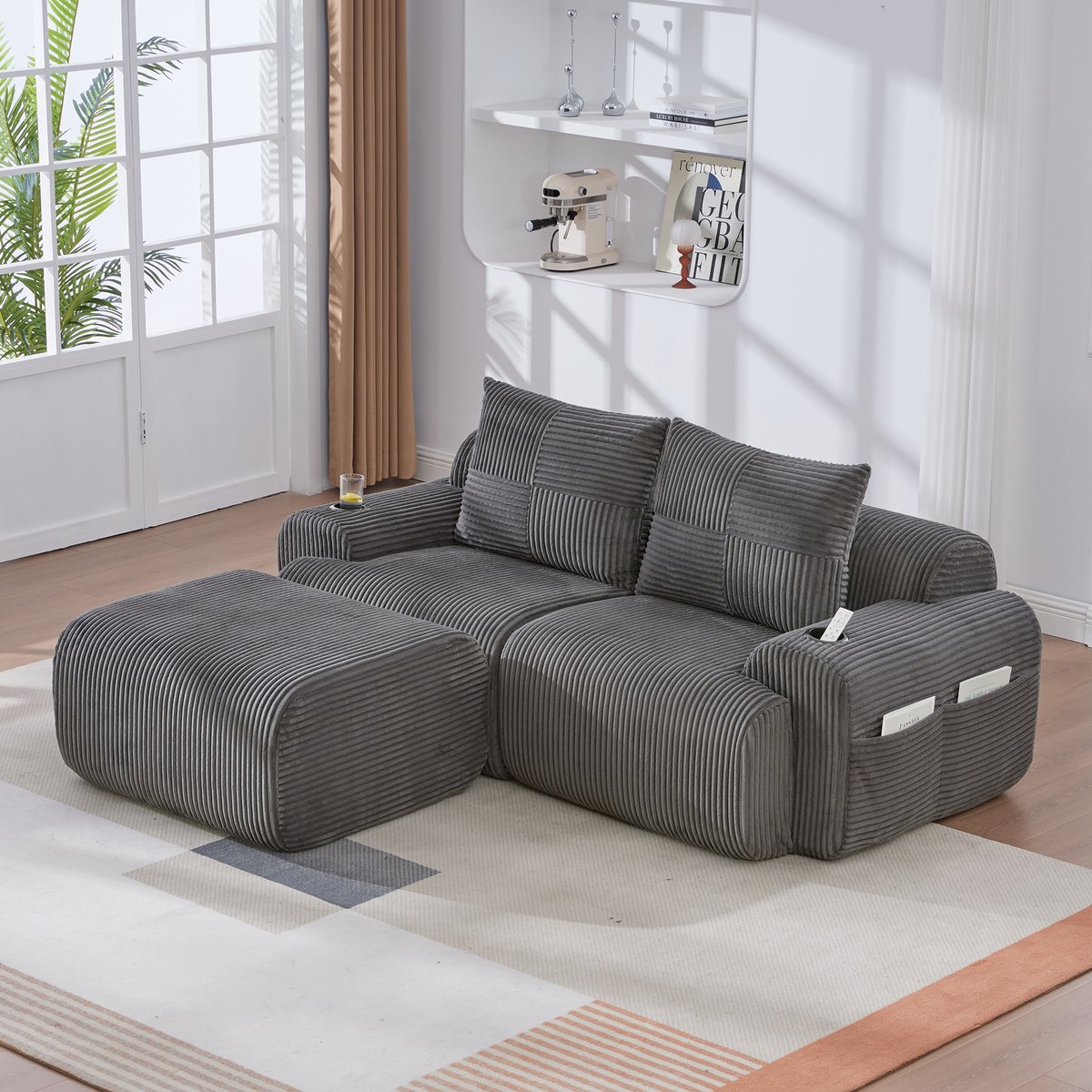 Wishdor Modulaire 2-Zitsbank Met Hocker - Vrij Indeelbaar En Met Bekerhouder - Modern - Voor Woonkamer - Ribstof - Donkergrijs - 200 X 174 X 80 Cm