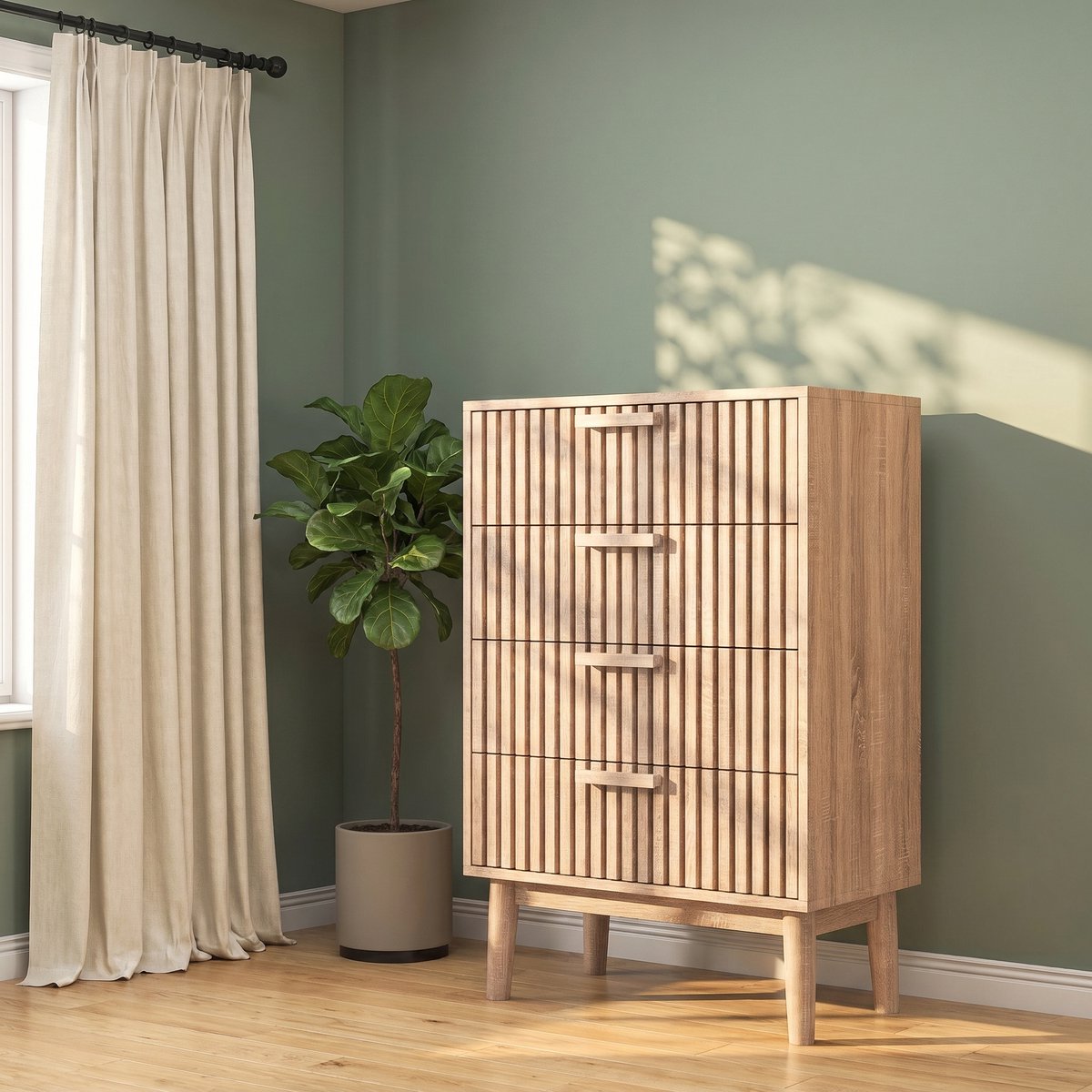 Commode met 4 Laden, Opbergmeubel, Eetkamermeubel, Houten Commode met Handgrepen, Ideaal Voor Hal, Slaapkamer en Woonkamer (Natuurlijke Houtkleur)