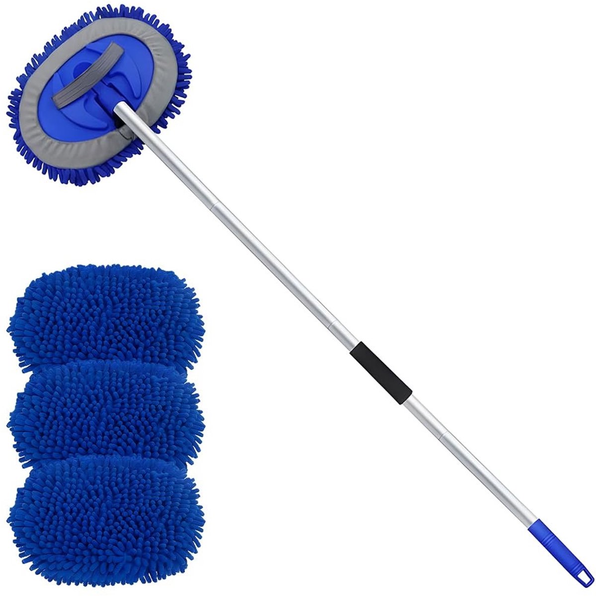Dailygoods - Dailygoody - Autowasborstel - Microvezel - Telescoopgreep - Blauw - Autowasmop - Universeel - Geschikt voor Auto en Caravan - 160 cm