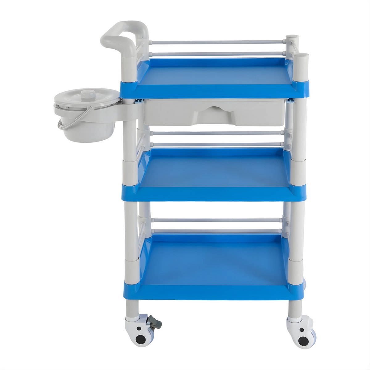 Salon Trolley Verrijdbaar – 3 Niveaus – Met Lade en Afvalbak – 4 Wielen – 100 kg Draagkracht – Stil 20 dB – ABS – Blauw