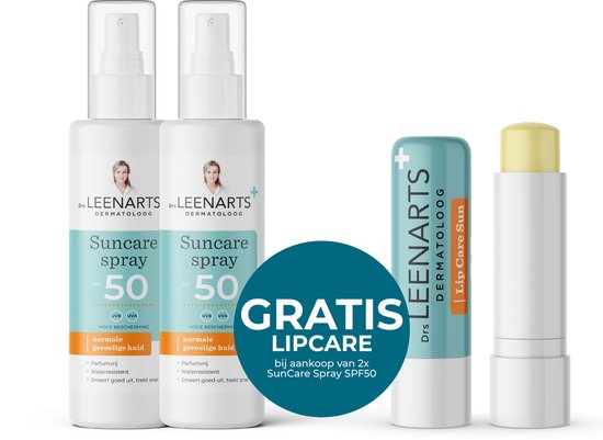 Twee flacons Suncare spray SPF 50, normale/gevoelige huid. Gratis Lipcare lippenbalsem.