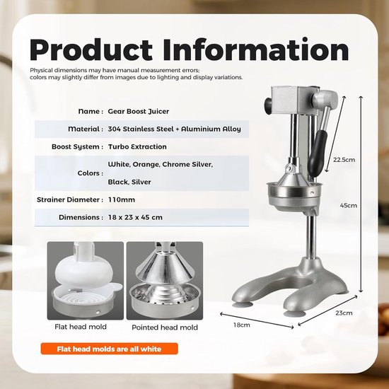 Handmatige Citruspers - Sap Pers - Vers Sap Maken - Robuuste Tandwieltechnologie - 18x23x45 cm - Zilver — afbeelding 5