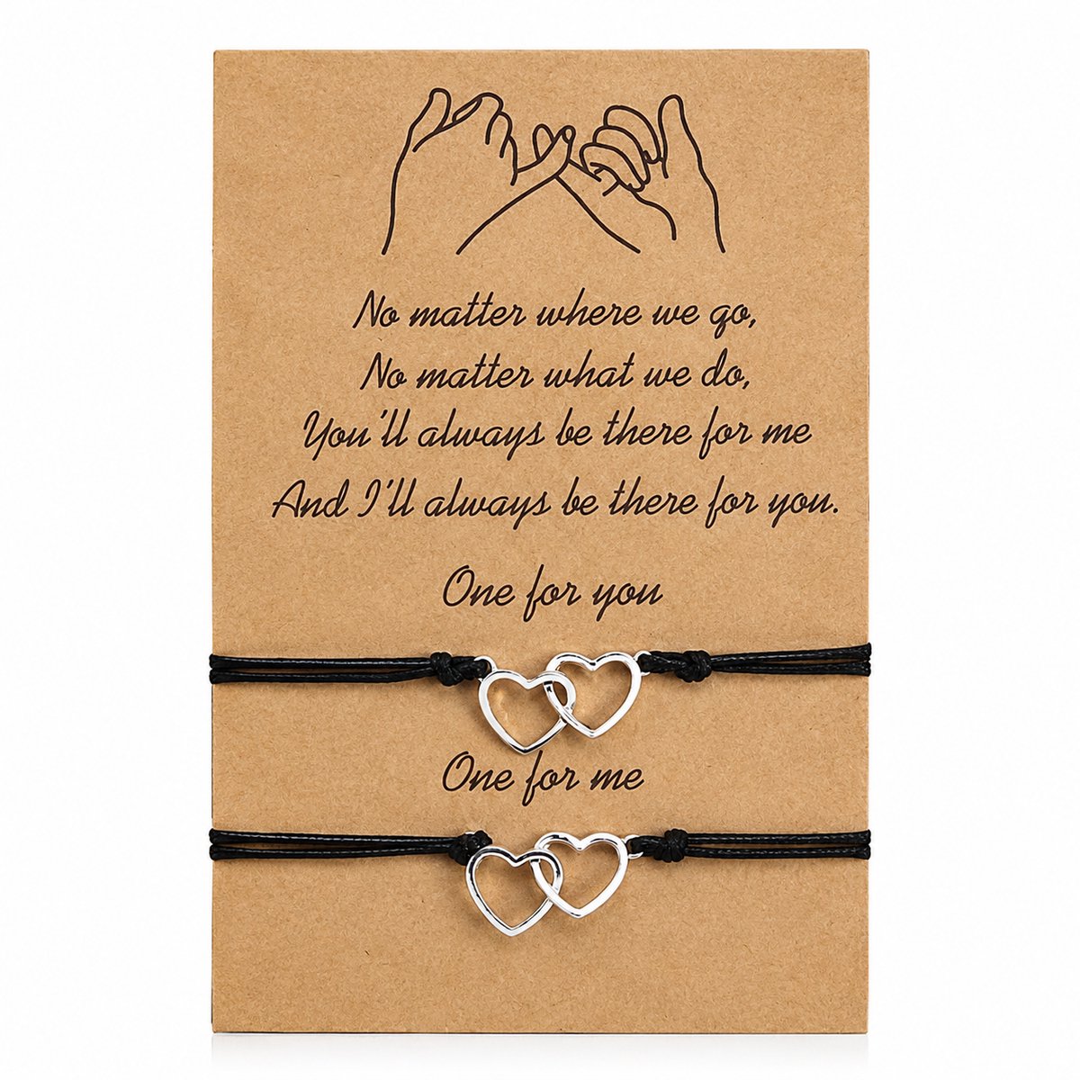 Engravia by Derya – Vriendschapsarmband Set – RVS Dubbele Hartjes Bedel – Minimalistisch Koord Design – Cadeau voor Beste Vriendin, Zus of Partner