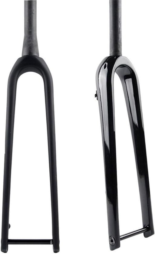 Deux fourches de vélo noires, une brillante, une mate, avec des tubes droits et coniques.