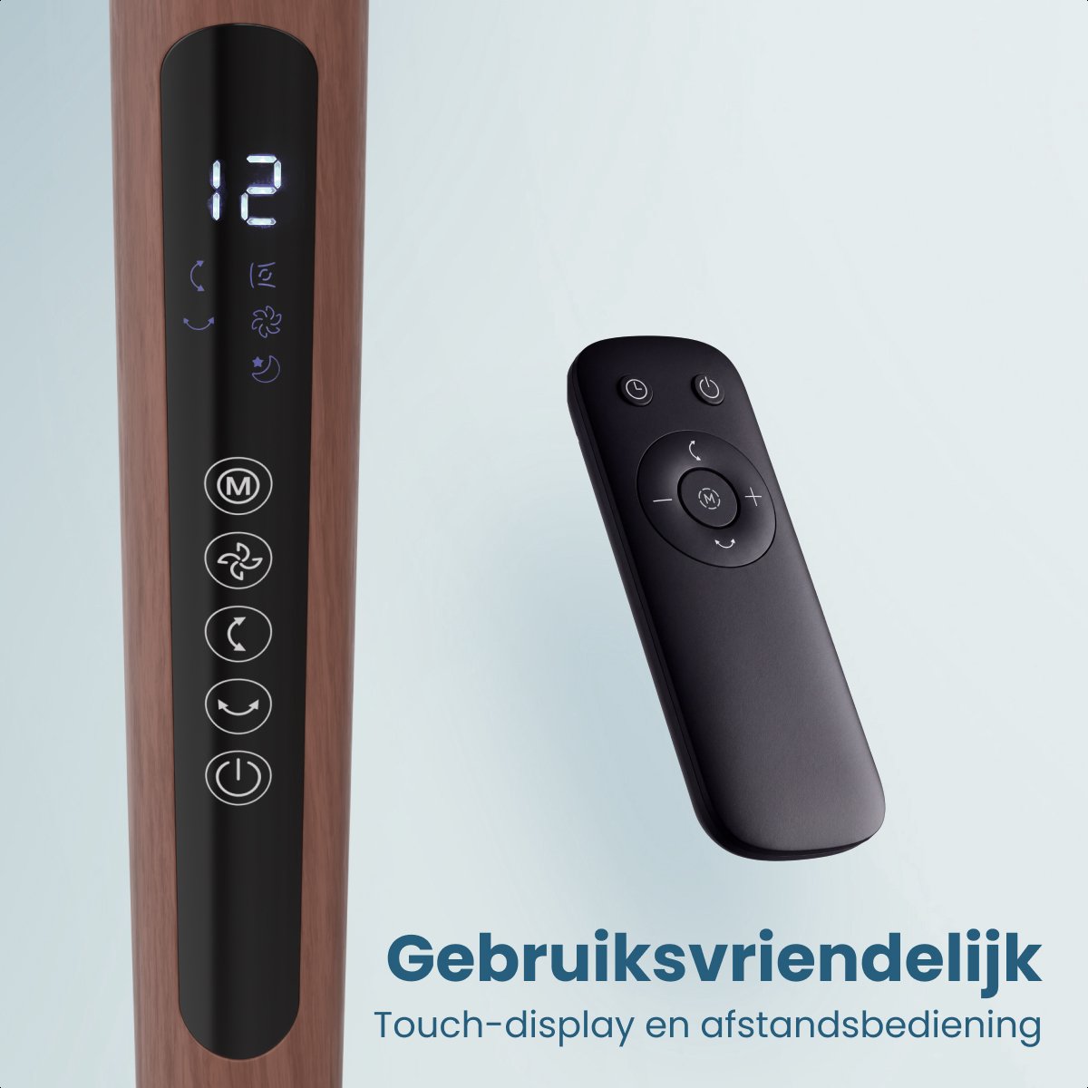 Auronic Statiefventilator - Staande Tafel en Vloerventilator - 12 Standen en Timer - Luchtkoeler - Stil - Met Afstandsbediening en Display - Fan - Hout thumbnail 7
