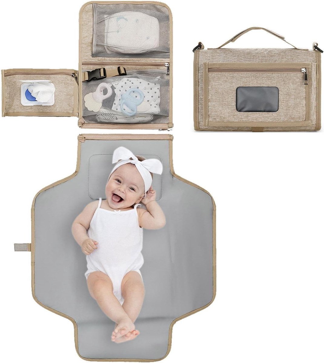 Draagbaar Aankleedkussen - Verschoningsmatje Baby - Onderweg Luiers - Met Doekjeshouder - 55 cm Uitgevouwen - Kaki