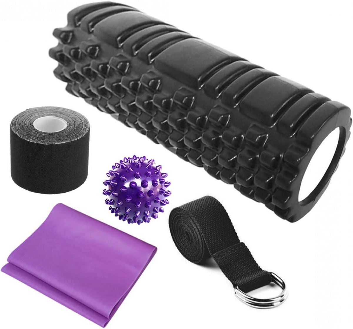 Yoga Set - Fitness Hulpmiddelen - Spierherstel - Inclusief Massagebal - 30x10cm Kolom - Zwart