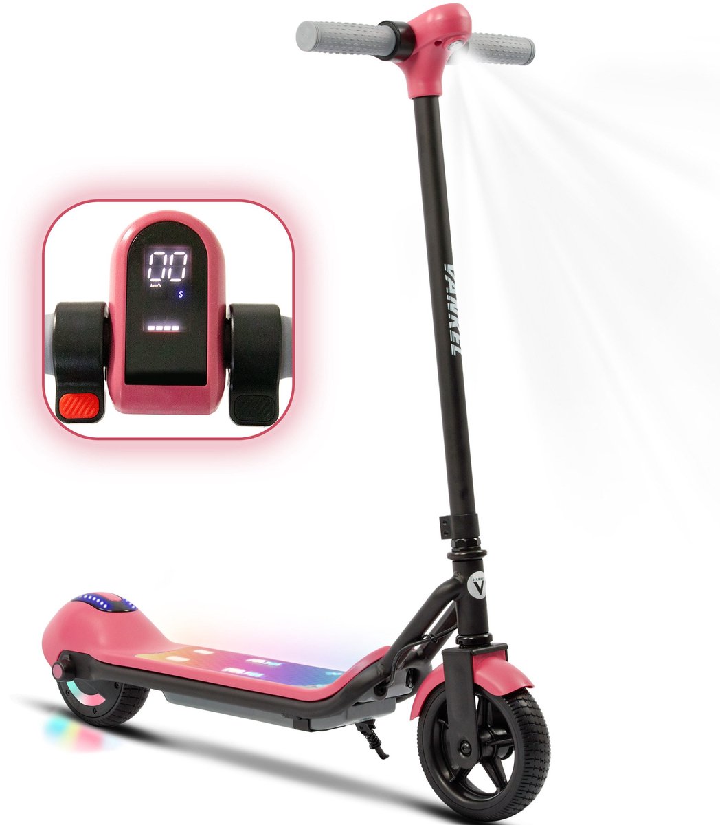 Elektrische kinderstep - Elektrische step voor kinderen, stadsstep, 14 km/u - 5-8 km/u, handrem - Veilig en leuk rijden voor kinderen vanaf 6 jaar - Uitgerust met Bluetooth en gekleurde verlichting - Roze