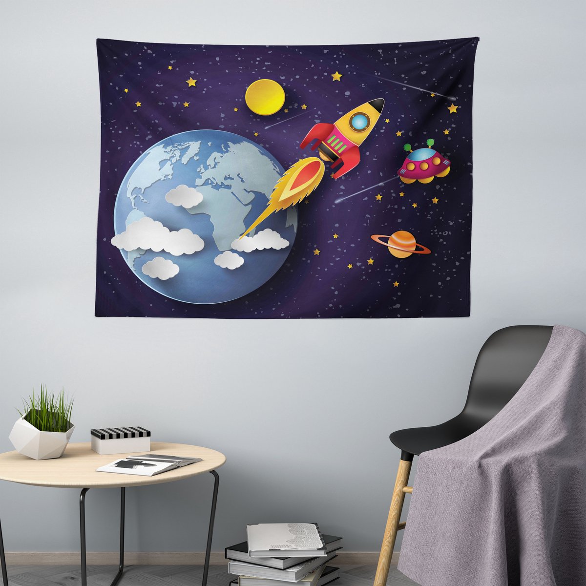 ABAKUHAUS Wandtapijt, Rocket Earth Stars UFO, Woonkamer Slaapkamer Wanddoek Zijdezacht Satijn Wandtapijt, 200 x 150 cm, Meerkleurig Middernachtblauw