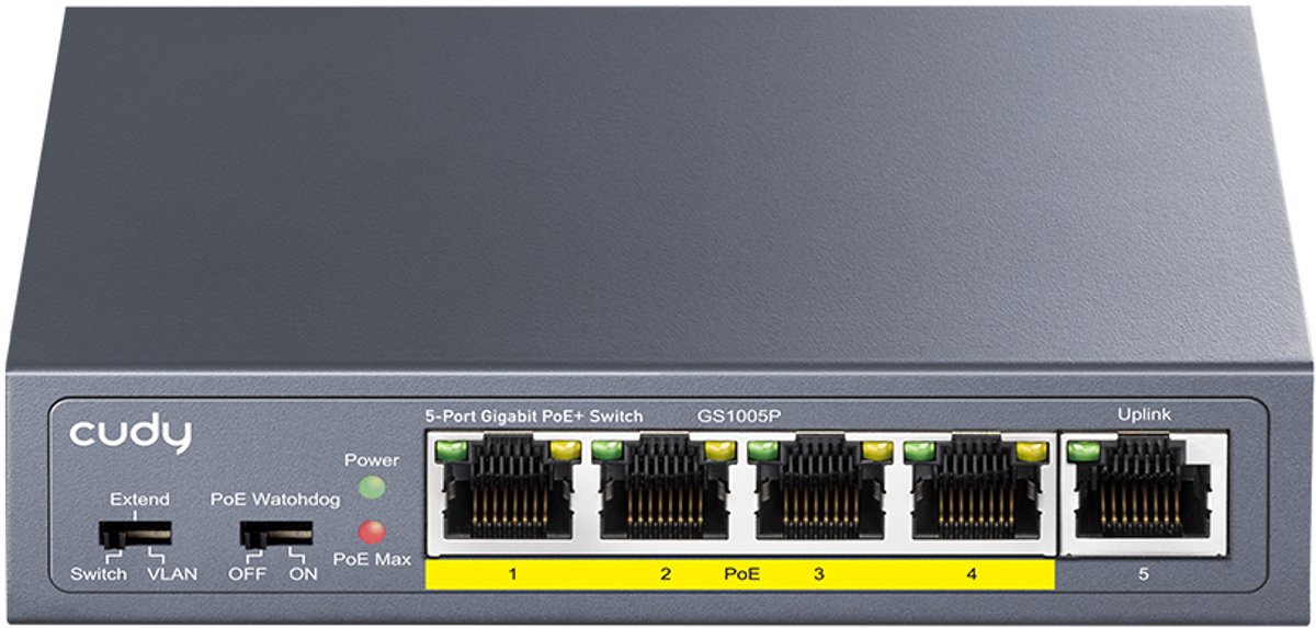 Cudy GS1005P - Gigabit Netwerkswitch - Poe+ - Unmanaged - 60W - Plug en Play - Metaal
