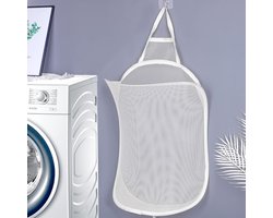Hangende wasmand, grote pop-up wasmand met witte mesh wasmand, opvouwbare wasmand met handgrepen voor slaapkamer, badkamer (59 x 37 cm)