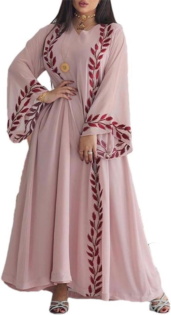 Geborduurde Abaya Set - Lange Jurk Met Sjaal - Feestelijke Gelegenheid - Traditioneel Borduurwerk - Lange Mouw - Roze