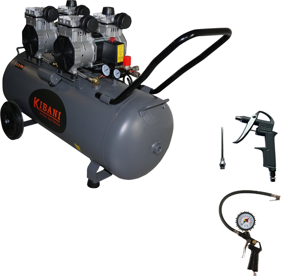 Kibani Super Stille Compressor 100 Liter - Incl. Luchtslang en Luchtspuit - Olievrij - 8 BAR - 63 dB - Low Noise - Compressoren - 100L