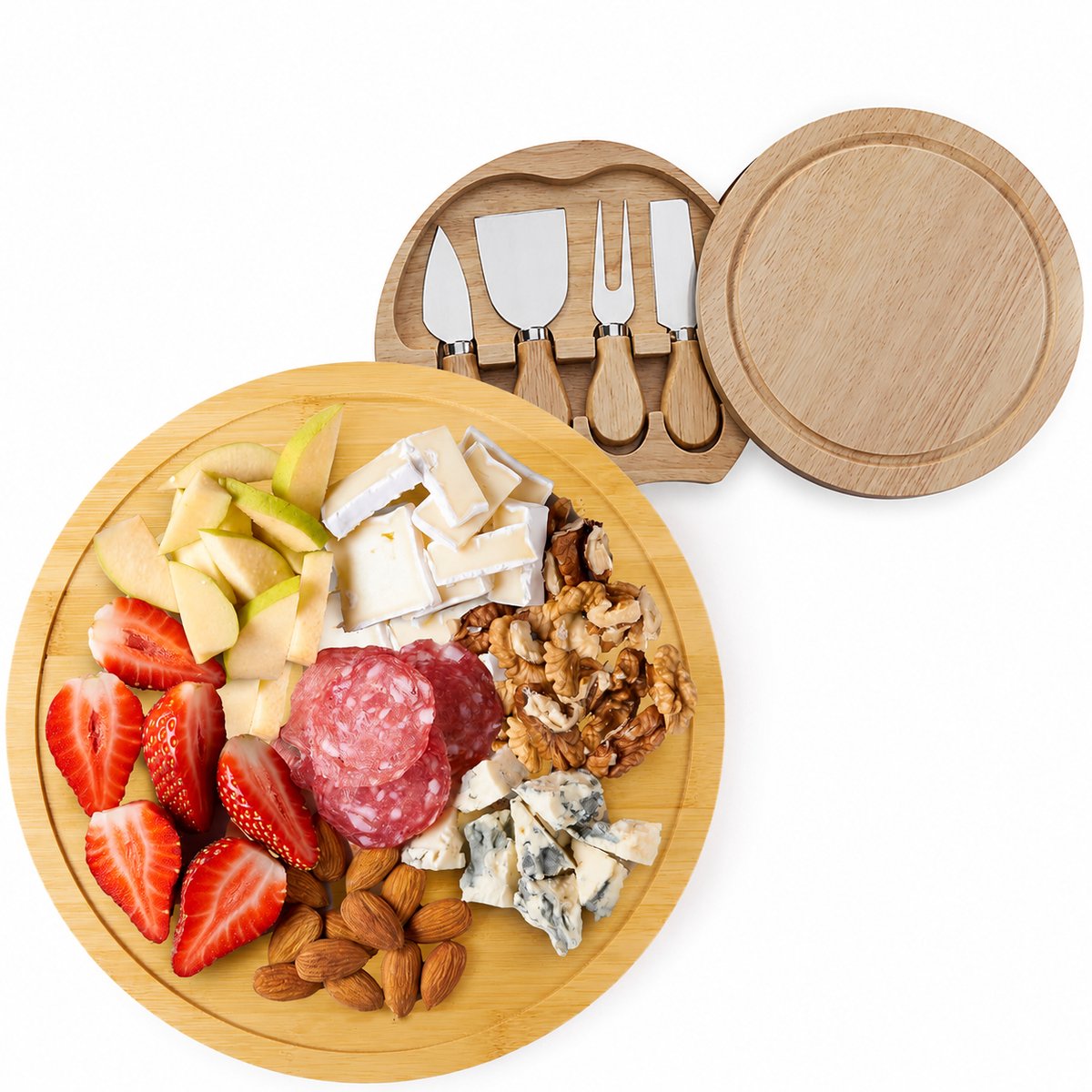 Kaasplankset - Kaasmessenset - Ronde kaasplank met 4 messen - Delicatessenplankset - Geschikt voor buitenbijeenkomsten en in de keuken - Staalkleurig