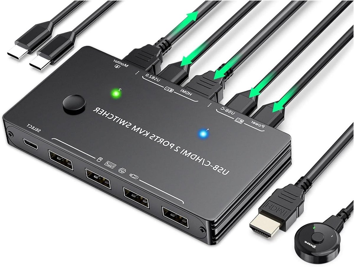 USB C KVM Switch - Type C Switch - Computers Delen - 4K 60Hz Beeld - 2 Poorten - Zwart
