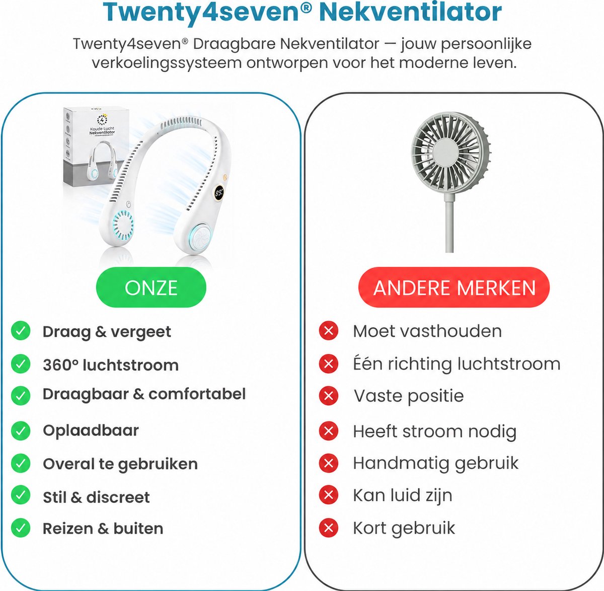 Twenty4seven® Nek Ventilator - Draagbare Nekventilator met Koeling - Mini Nek Fan - Gezichtsventilator & Handventilator - Portable Neck Fan met 5 Standen — afbeelding 4