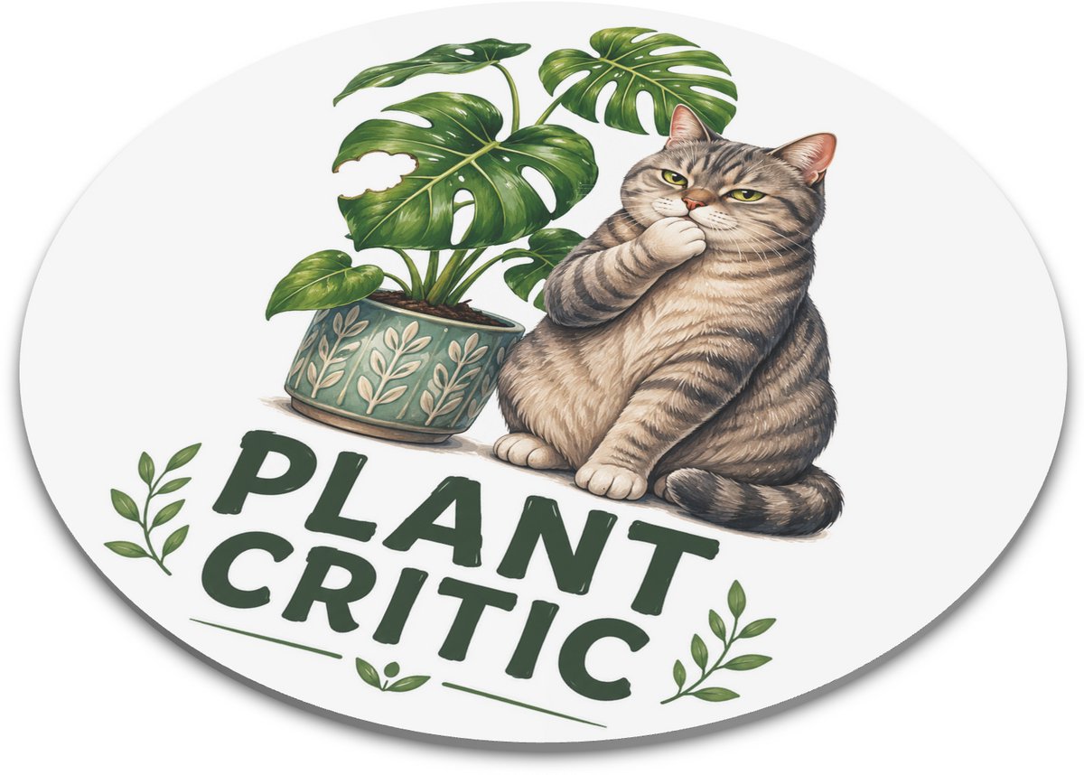 Ronde muismat kat en gatenplant met grappige tekst Plant Critic - Cyperse kat bij aangevreten Monstera plant illustratie - Grappig cadeau voor kattenliefhebber en plantenliefhebber - Vrolijke muismat voor bureau en kantoor