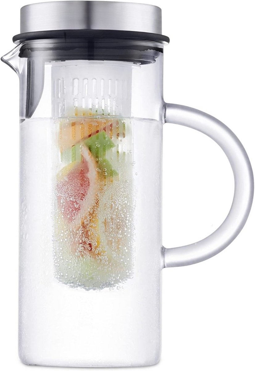 PromoHome Glazen karaf met deksel, 1 liter met fruitzeef, vaatwasmachinebestendig, hittebestendig, transparant