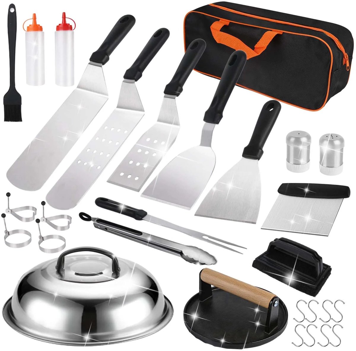 M-Goods - BBQ Accessoire Set 29-delig – Barbecue Gereedschap Set RVS – Grillset met Spatels, Hamburgerpers, Tang & Opbergtas – BBQ Toolkit voor Buitenkeuken en Grillplaat