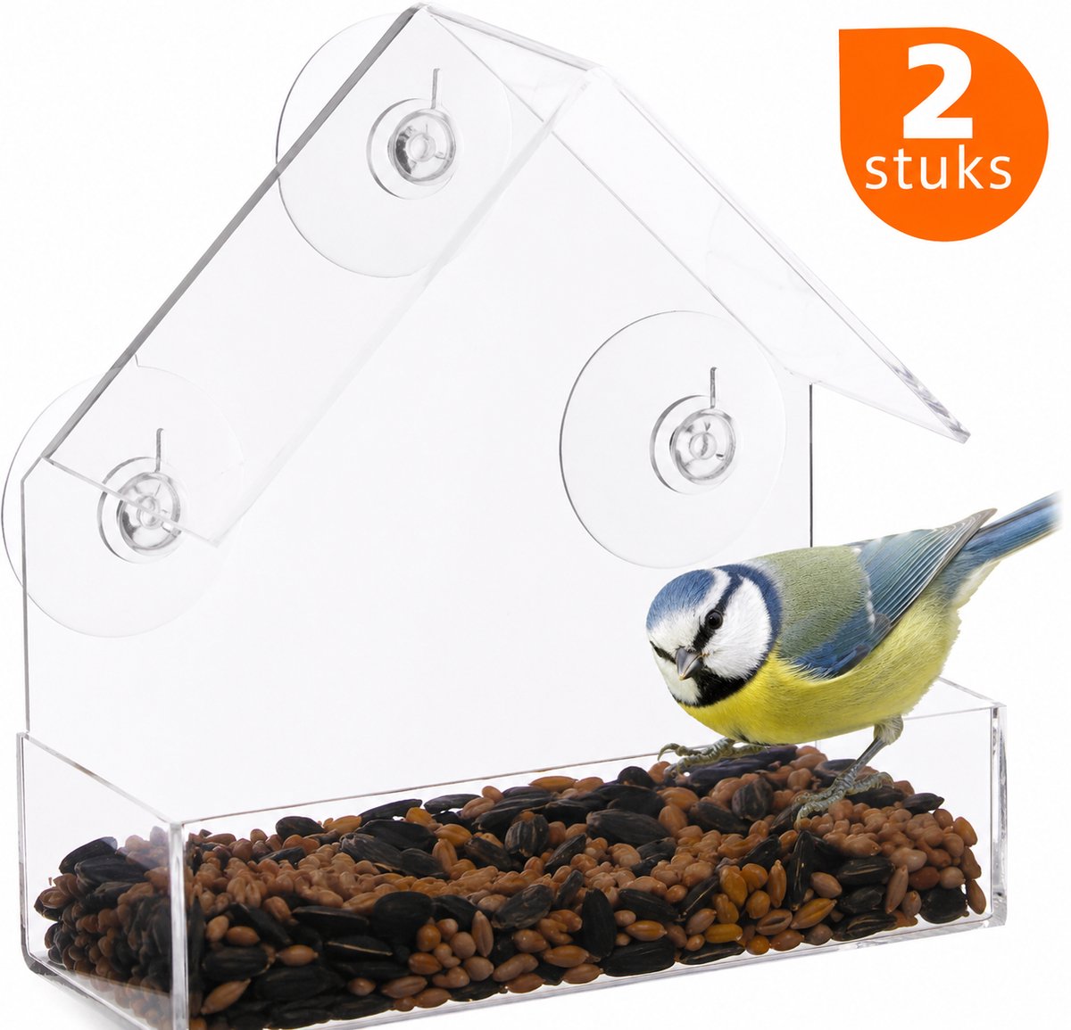 AUM® Raamvoederhuis – 2 Stuks – Vogelvoederhuisje voor Kleine Vogels - Raam Vogelhuisje - Transparant - Met Zuignappen - Voederplek