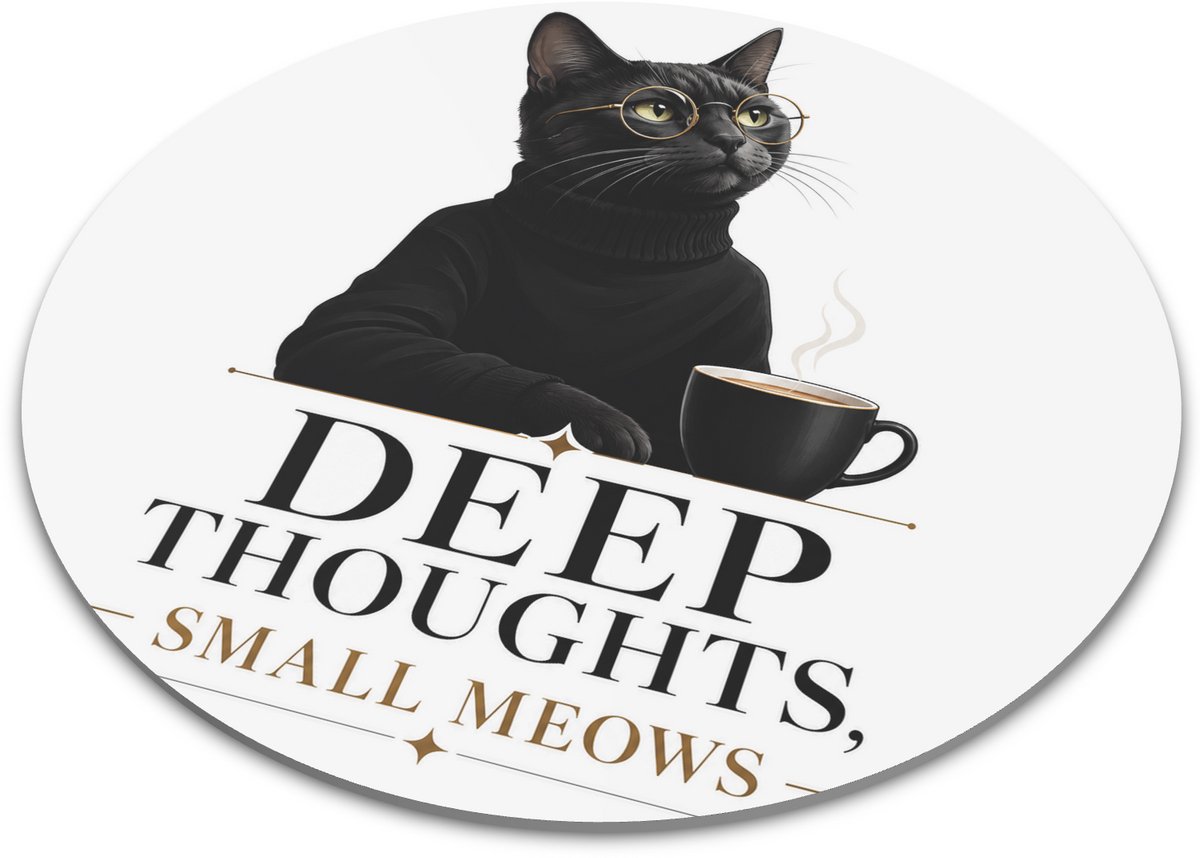 Ronde muismat met intellectuele zwarte kat in coltrui - Deep Thoughts Small Meows quote - Minimalistische illustratie met koffie voor bureau - Cadeau voor denker of kattenliefhebber - 22x22 cm