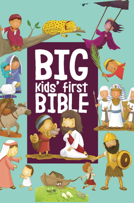 De kaft van 'Big Kids' First Bible' toont diverse Bijbelse figuren en dieren in heldere kleuren, waaronder Noach's Ark.
