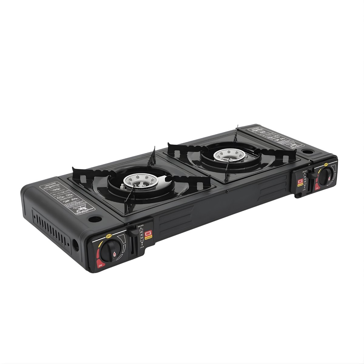 2-Pits Camping Gasstel – Draagbare Tafel Gasbrander met 2×2500W – Piëzo Ontsteking met Bakplaat en Draagkoffer – Voor Picknick en Outdoor Koken – Zwart