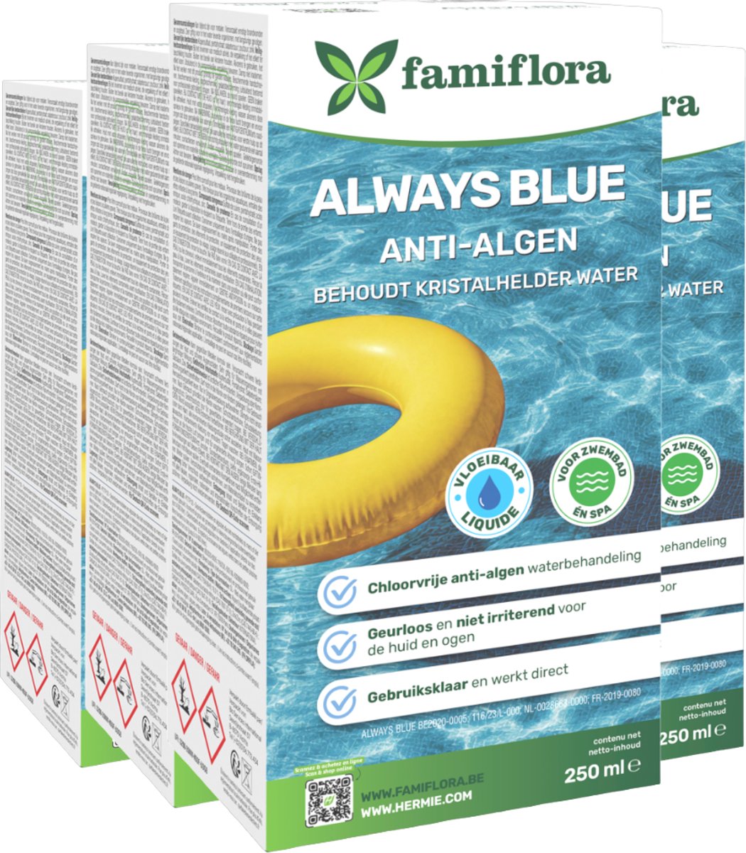Famiflora Always Blue Anti-alg & Groenverwijderaar - 4 x 250 ml (= +/- 57.000L water) Chloorvrij - Voor zwembad en spa - Geen rode ogen of huidirritatie - 100% Chloorvrij en geurloos