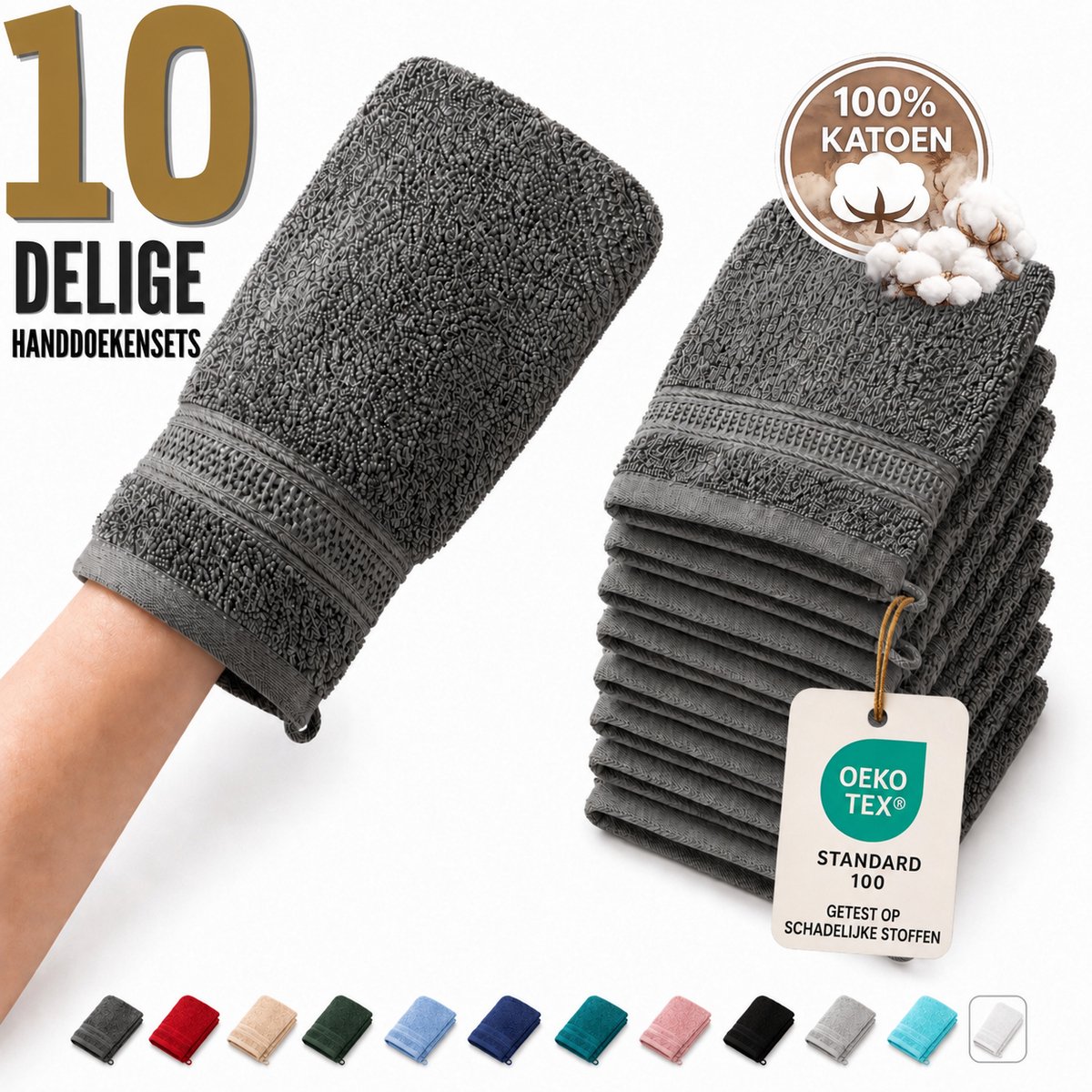 Komfortec Set van 10 Washandjes - 16x21 cm - 100% Zachte Katoen - Badstof - Sneldrogend - Antracietgrijs