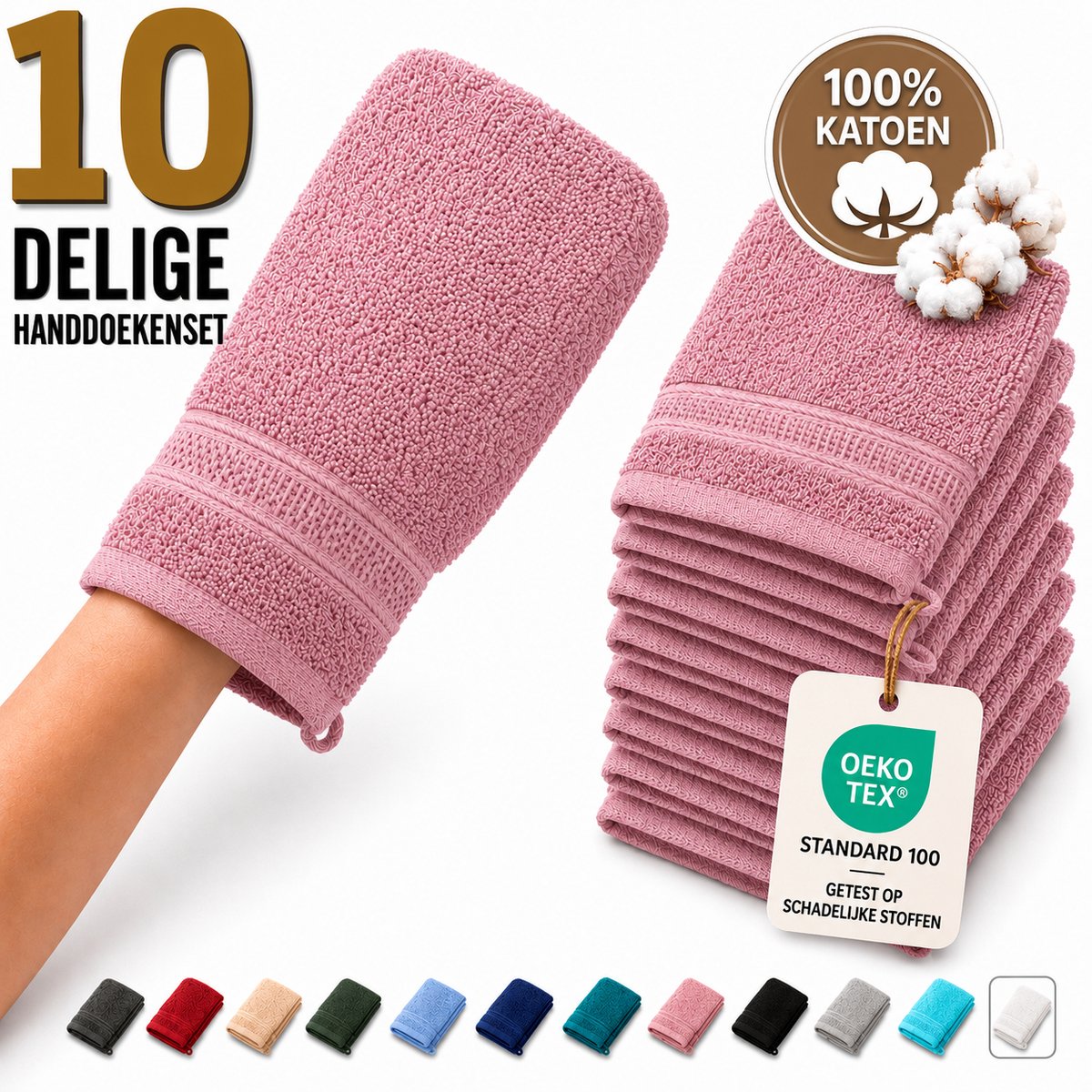 Komfortec Set van 10 Washandjes - 16x21 cm - 100% Zachte Katoen - Badstof - Sneldrogend - Bloesemroze