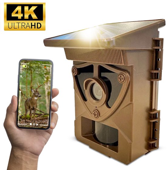 Berrot Wildcamera met Nachtzicht en Wifi - 60MP & 4K Ultra HD - Wildcamera met Zonnepaneel Oplaadbaar - NL Handleiding - Incl. 64GB SD