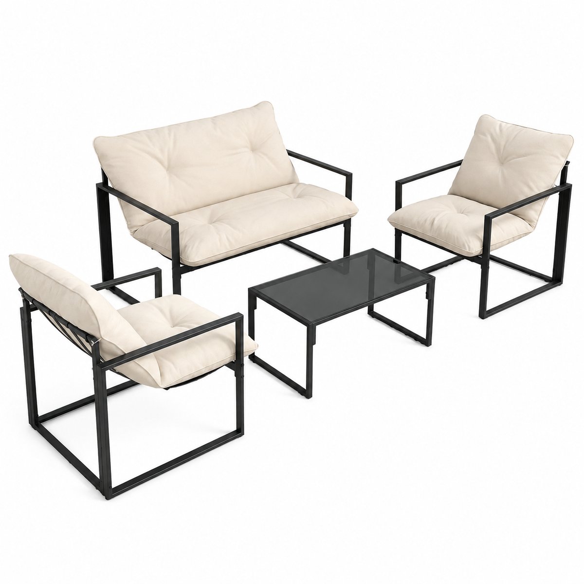 Innovastore Tuinset - Tuinzitgroep - Tuinmeubelset - Tuinstoel - Tuinbank - Tuintafel - 4-delige set - 3 kussens -Zwart -
