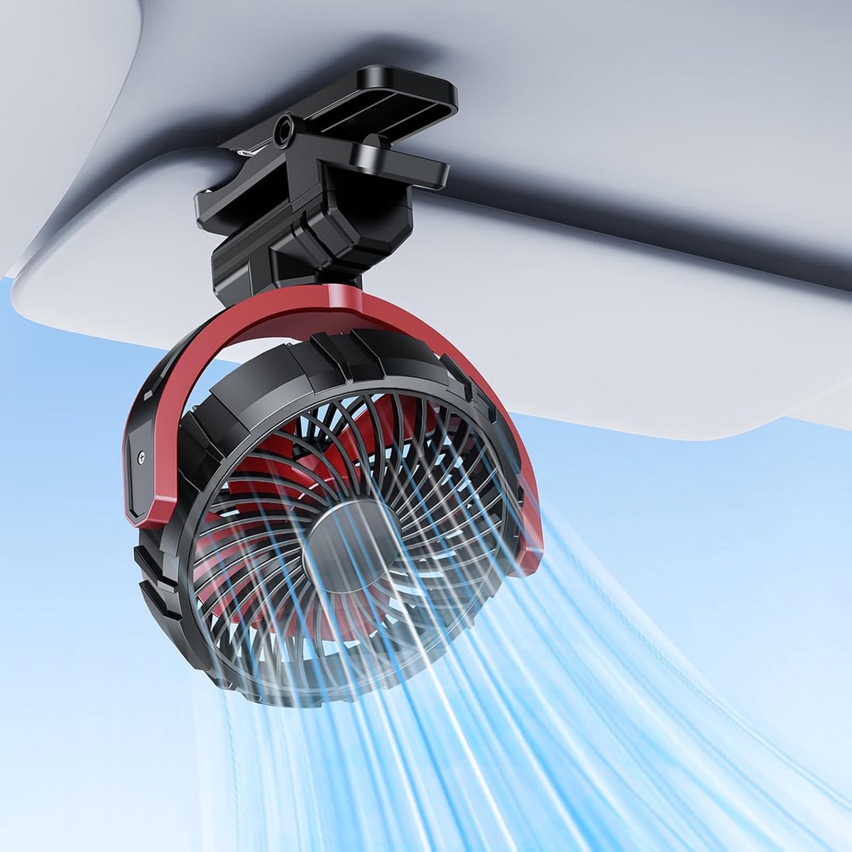 Autoventilator met clip voor de zonneklep, aangedreven door een oplaadbare batterij van 2000 mAh en USB, blaast koele lucht; draagbare autoventilator geschikt voor voertuigen zonder airconditioning, bestelwagens, SUV's, campers en vrachtwagens; rood.