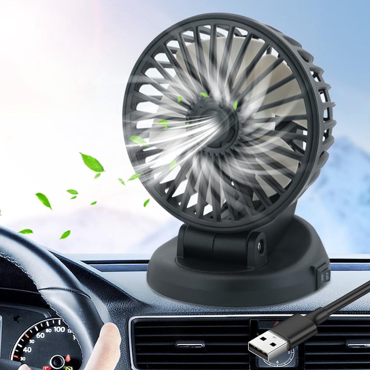 USB-autoventilator, 360° draaibare ventilator met één kop, 3 snelheden, krachtige maar stille luchtcirculatie voor het dashboard, geschikt voor auto's, bestelwagens, vrachtwagens, SUV's en campers, 5V USB-voeding, bureauventilator - zwart.