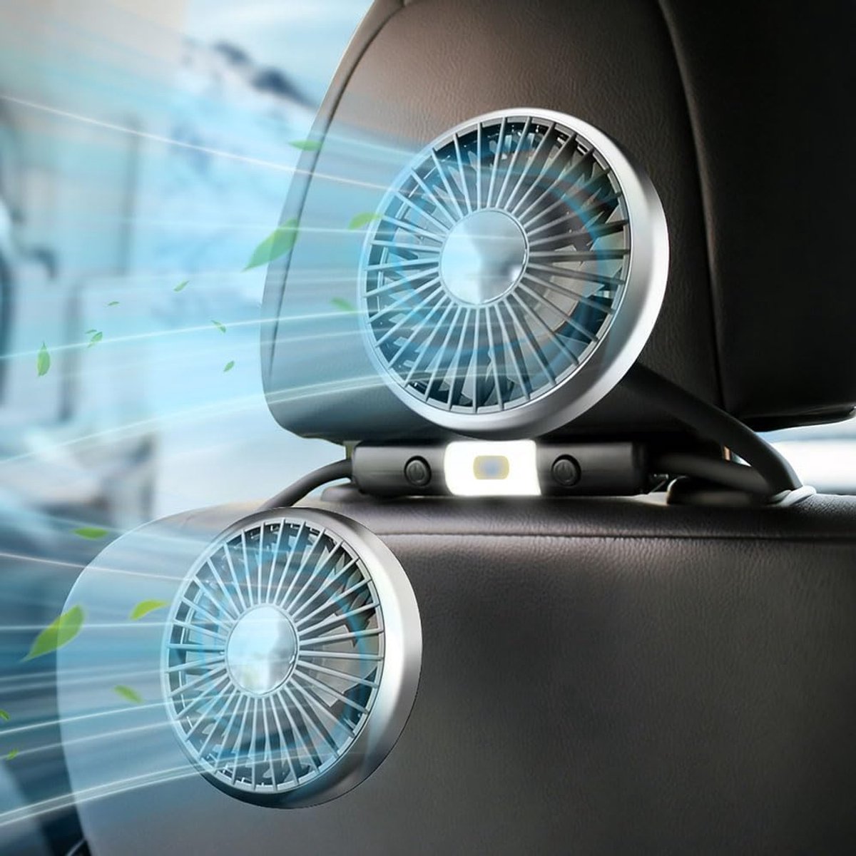 5V USB-autoventilator, autoventilator met dubbele kop, 360 graden draaibare USB-autoventilator, ventilator met 3 snelheden en LED-verlichting, geschikt voor achterbankverlichting, draagbare autoventilator.