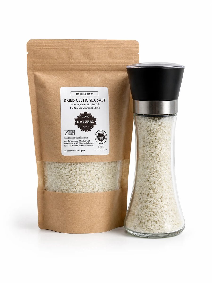 Keltisch Zeezout Duopack ✔1 Hervulbare Glazen Zoutmolen 150g + 1x Navulverpakking 400g
