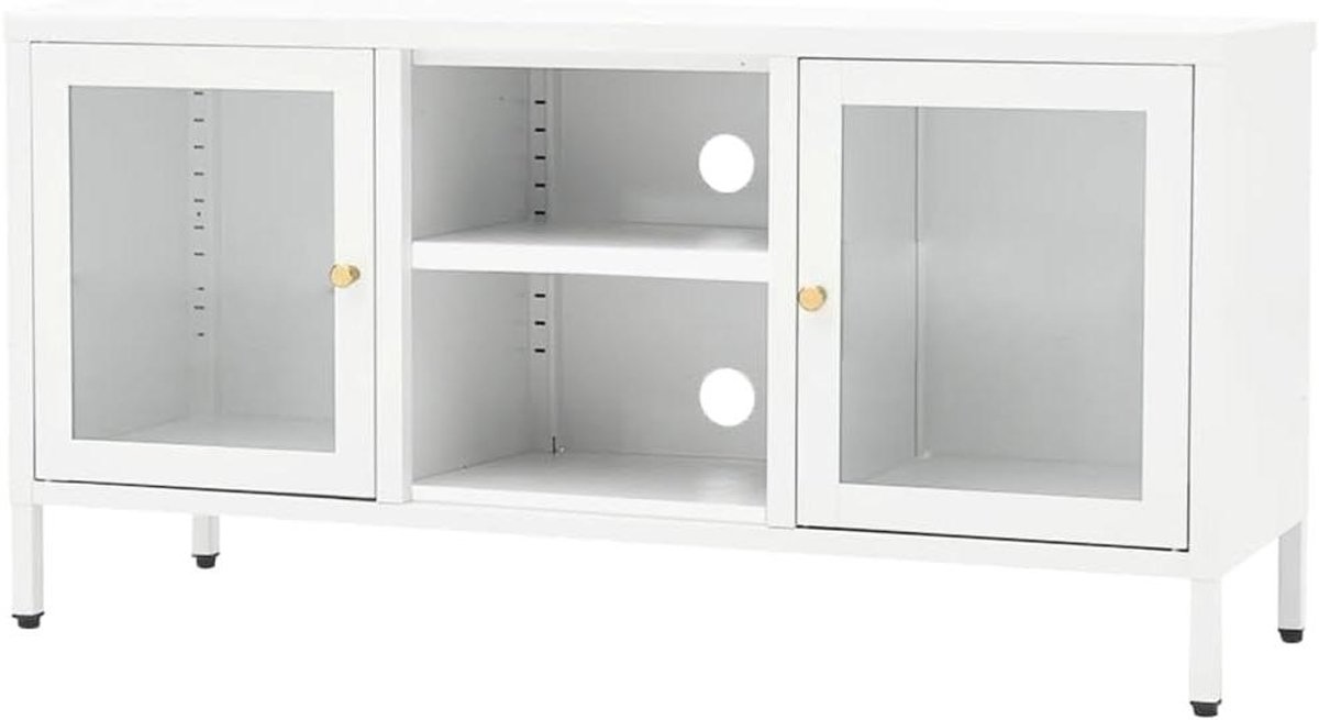 Televisiekast Staal - Tv-meubel Glas - Opbergen Media - Verstelbare Legplanken - 105 x 35 x 52 cm - Wit