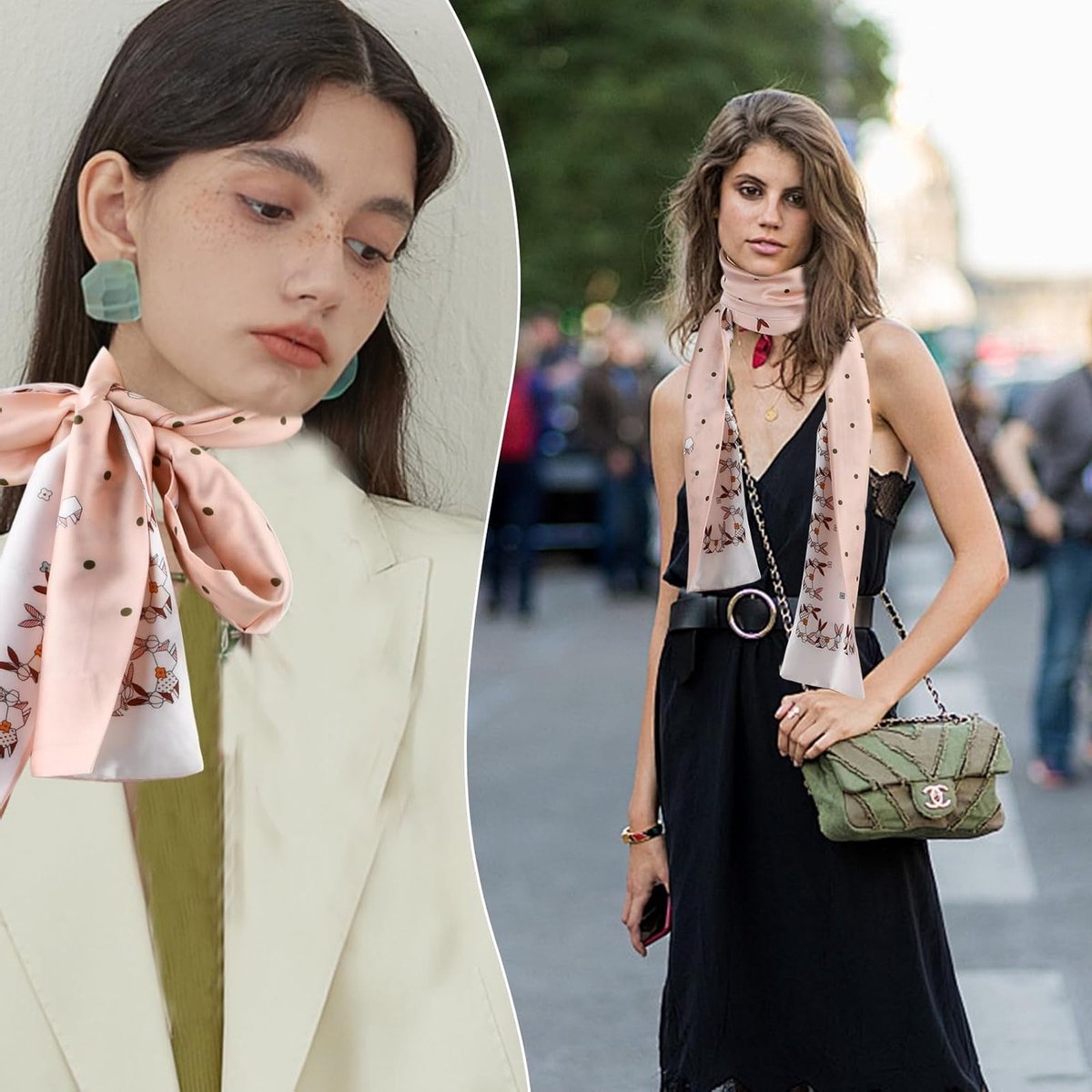 Elegante Satijnen Sjaal met Dubbele Laag, Smalle Lange Handkerchief voor Dames, Schattige Konijnenprint Haaraccessoire voor Blazer en Jurk