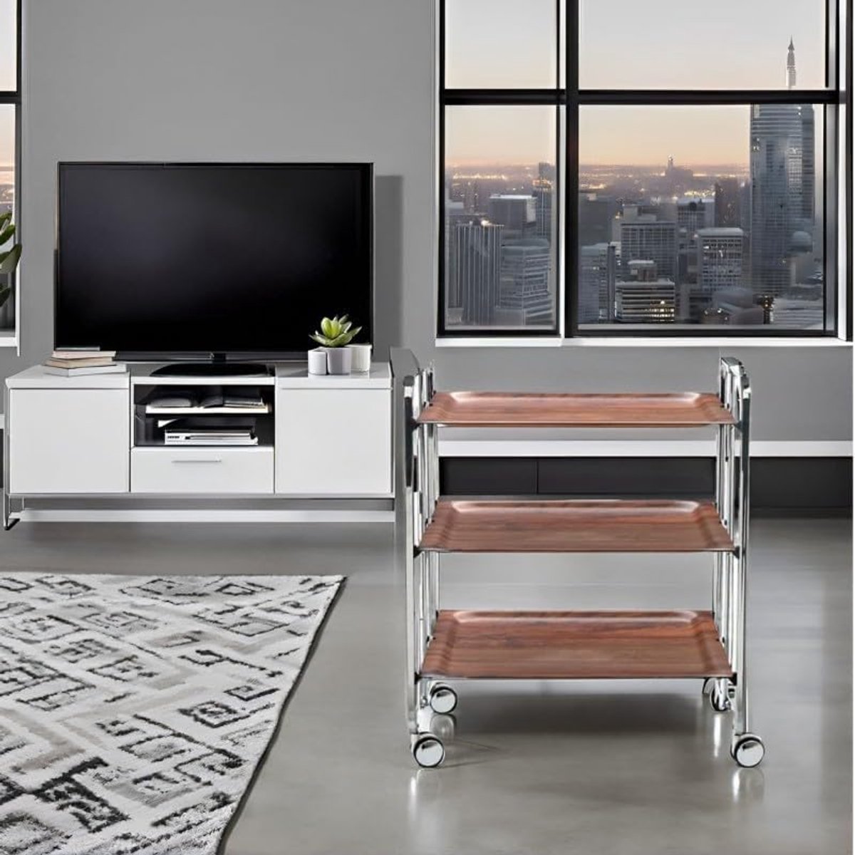 Serveertrolley op Wielen 3-Laags 66x43x82 cm – Opvouwbare Bar Cart met Chroom Frame & Houtlook Hars Planken (Cedar) – Luxe Keuken Trolley, Drankwagen & Serveerwagen – Mobili Bella