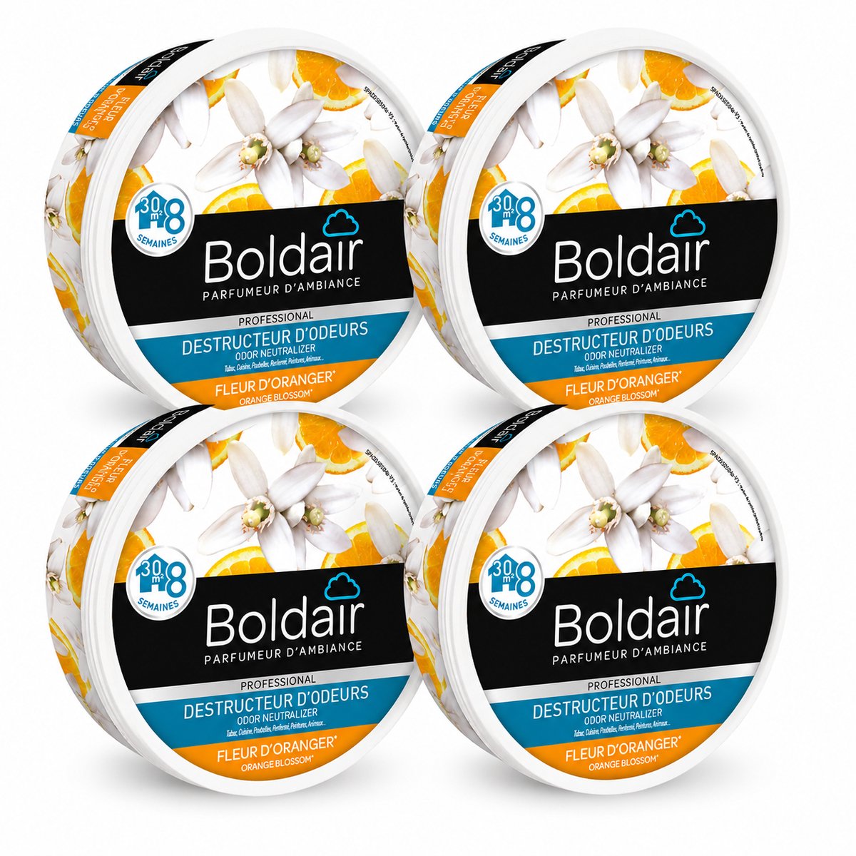 Boldair Geurverdrijver Gel Fleur d'Oranger 300 g - Set van 4 Stuks - Professionele Luchtverfrisser Geurneutralisator - 8 Weken Werking tot 30 m² - Made in France Grasse