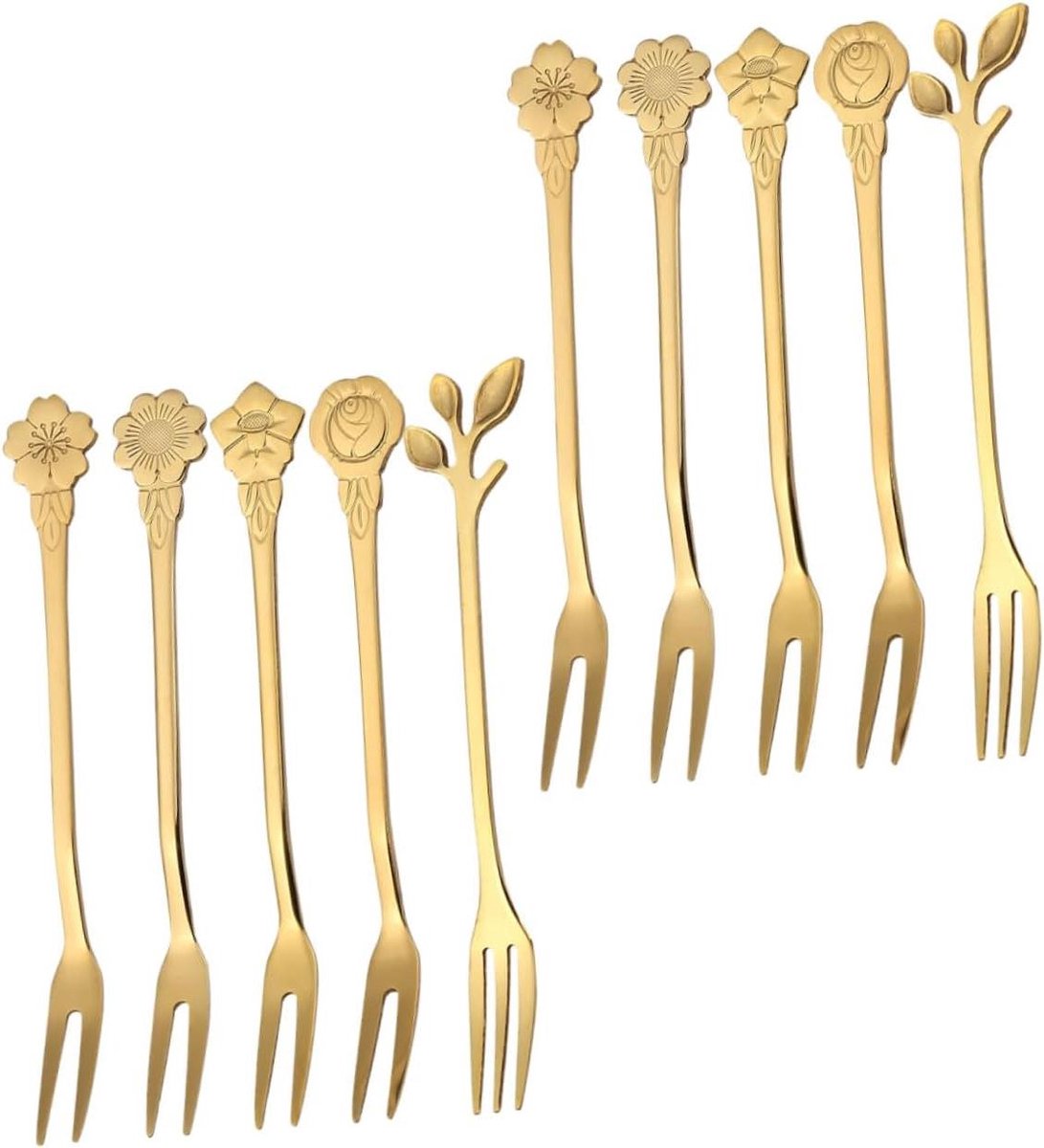 Roestvrijstalen Fruitvorkjes - Taartvorkjes Dessertvorkjes - Hapjes Serveren - Decoratieve Titanium Afwerking - 10 Stuks - Goud