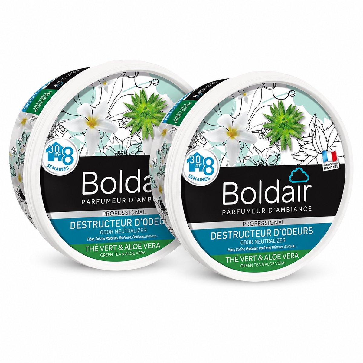 Boldair Geurverdrijver Gel Thé Vert & Aloe Vera 300 g - Set van 2 Stuks - Professionele Luchtverfrisser Geurneutralisator - 8 Weken Werking tot 30 m² - Made in France Grasse
